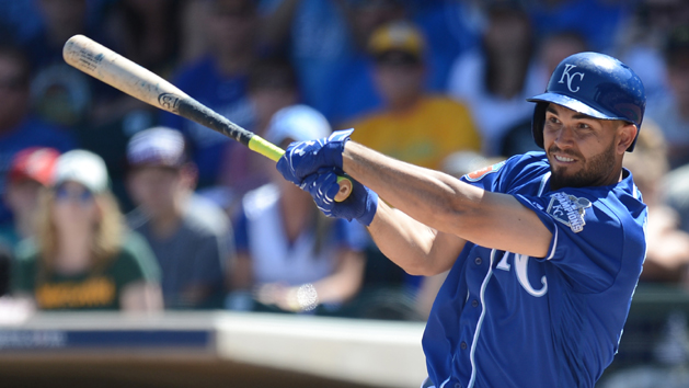 Mar 26, 2016; Surprise, AZ, USA; Kansas City Royals first baseman Eric Hosmer (35) swings the bat during the first inning against the Oakland Athletics at Surprise Stadium. Mandatory Credit: Joe Camporeale-USA TODAY Sports