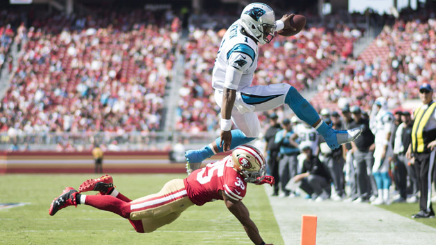 September 10, 2017; Santa Clara, CA, USA; Carolina Panthers quarterback Cam Newton (1) jumps over San Francisco 49ers free safety Eric Reid (35) during the third quarter at Levi's Stadium. The Panthers defeated the 49ers 23-3. Photo Credit: Kyle Terada-USA TODAY Sports