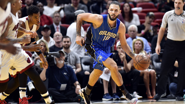 Feb 13, 2017; Miami, FL, USA; Orlando Magic guard Evan Fournier (10) dribbles the ball past Miami Heat center Hassan Whiteside (21) during the second half at American Airlines Arena. The Magic won 116-107. Photo Credit: Steve Mitchell-USA TODAY Sports