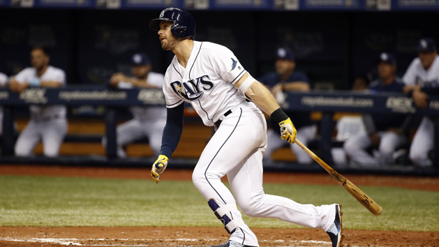Sep 15, 2017; St. Petersburg, FL, USA; Tampa Bay Rays third baseman Evan Longoria (3) singles during the fifth inning against the Boston Red Sox at Tropicana Field. Photo Credit: Kim Klement-USA TODAY Sports