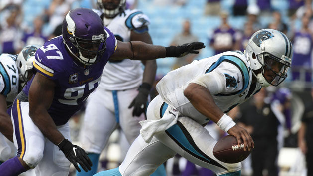 Sep 25, 2016; Charlotte, NC, USA; Carolina Panthers quarterback Cam Newton (1) is sacked by Minnesota Vikings defensive end Everson Griffen (97) in the fourth quarter. The Vikings defeated the Panthers 22-10 at Bank of America Stadium. Photo Credit: Bob Donnan-USA TODAY Sports