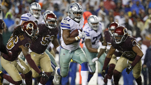 Oct 29, 2017; Landover, MD, USA; Dallas Cowboys running back Ezekiel Elliott (21) carries the ball as Washington Redskins free safety D.J. Swearinger (36) and Redskins cornerback Kendall Fuller (29) chase in the fourth quarter at FedEx Field. The Cowboys won 33-19. Photo Credit: Geoff Burke-USA TODAY Sports