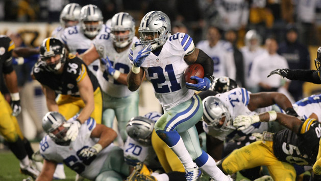 Nov 13, 2016; Pittsburgh, PA, USA; Dallas Cowboys running back Ezekiel Elliott (21) scores the game-winning touchdown against the Pittsburgh Steelers during the second half of their game at Heinz Field. The Cowboys won the game, 35-30. Photo Credit: Jason Bridge-USA TODAY Sports