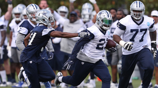 Jun 13, 2017; Frisco, TX, USA; Dallas Cowboys running back Ezekiel Elliott (21) runs with the ball against Byron Jones (31) during minicamp at The Star at Cowboys World Headquarters. Photo Credit: Matthew Emmons-USA TODAY Sports