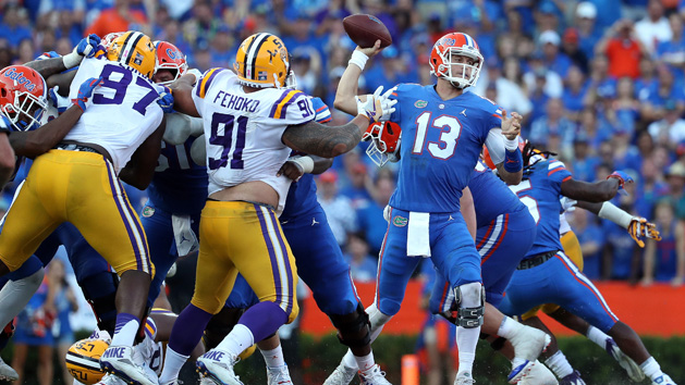 Oct 6, 2018; Gainesville, FL, USA; Florida Gators quarterback Feleipe Franks (13) throws the ball against the LSU Tigers during the second half at Ben Hill Griffin Stadium. Photo Credit: Kim Klement-USA TODAY Sports
