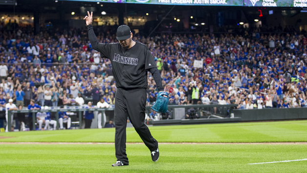 Jul 29, 2015; Seattle, WA, USA; Seattle Mariners pitcher Felix Hernandez (34) walks to the dugout after being relieved against the Arizona Diamondbacks at Safeco Field. Mandatory Credit: Joe Nicholson-USA TODAY Sports
