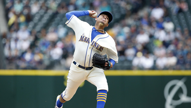 Apr 10, 2016; Seattle, WA, USA; Seattle Mariners starting pitcher Felix Hernandez (34) throws out a pitch in the first inning against the Oakland Athletics at Safeco Field. Mandatory Credit: Jennifer Buchanan-USA TODAY Sports