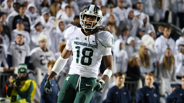 Oct 13, 2018; University Park, PA, USA; Michigan State Spartans wide receiver Felton Davis III (18) reacts after catching the winning touchdown pass against the Penn State Nittany Lions during the fourth quarter at Beaver Stadium. Photo Credit: Rich Barnes-USA TODAY Sports
