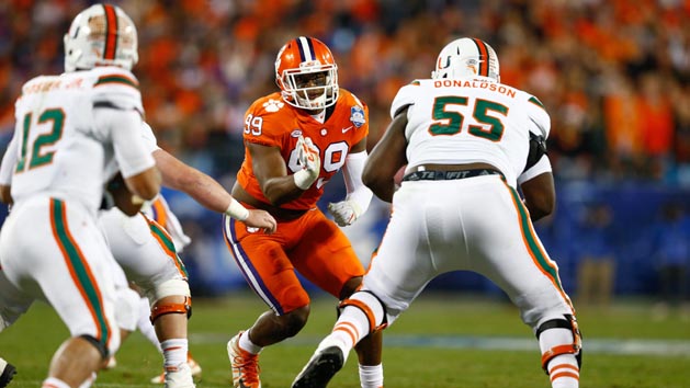 Dec 2, 2017; Charlotte, NC, USA; Clemson Tigers defensive end Clelin Ferrell (99) rushes against Miami Hurricanes offensive lineman Navaughn Donaldson (55) in the second quarter in the ACC championship game at Bank of America Stadium. Photo Credit: Jeremy Brevard-USA TODAY Sports