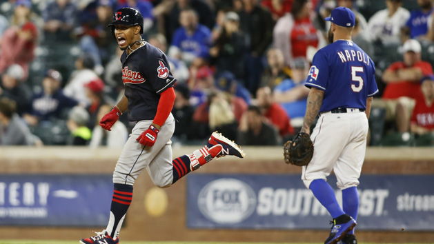 Apr 5, 2017; Arlington, TX, USA; Cleveland Indians shortstop Francisco Lindor (12) rounds the bases after hitting a grand slam in the ninth inning against the Texas Rangers at Globe Life Park in Arlington. Cleveland won 9-6. Photo Credit: Tim Heitman-USA TODAY Sports