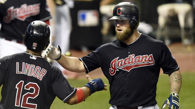 Sep 7, 2016; Cleveland, OH, USA; Cleveland Indians first baseman Mike Napoli (26) celebrates his two-run home run with shortstop Francisco Lindor (12) in the fifth inning at Progressive Field. Photo Credit: David Richard-USA TODAY Sports