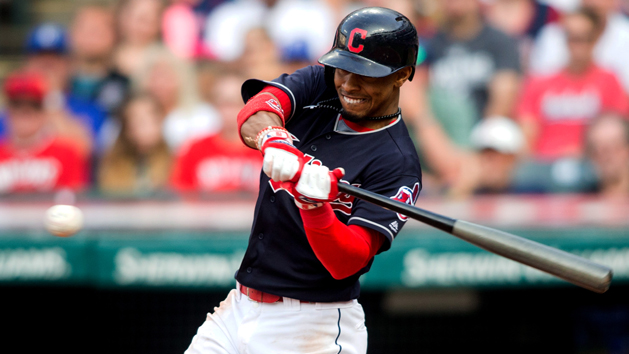 Sep 16, 2017; Cleveland, OH, USA; Cleveland Indians shortstop Francisco Lindor hits a two-run RBI double against the Kansas City Royals during the sixth inning at Progressive Field. Photo Credit: Scott R. Galvin-USA TODAY Sports