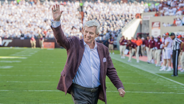 Sep 23, 2017; Blacksburg, VA, USA; Longtime Virginia Tech Hokies head coach Frank Beamer waves to the crowd after the fourth quarter against the Old Dominion Monarchs at Lane Stadium. Photo Credit: Lee Luther Jr.-USA TODAY Sports