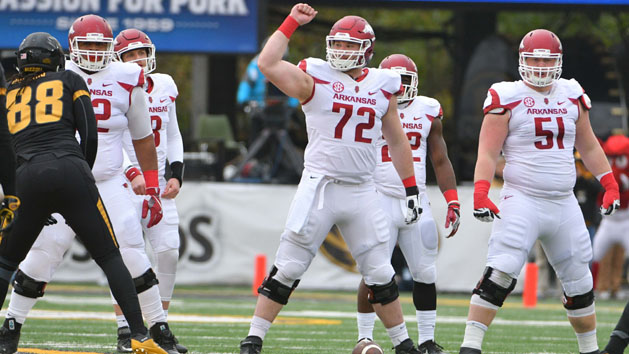 Nov 25, 2016; Columbia, MO, USA; Arkansas Razorbacks offensive lineman Frank Ragnow (72) signals at the line of scrimmage to the rest of the offensive line during the first half agains the Missouri Tigers at Faurot Field. Missouri won 28-24. Photo Credit: Denny Medley-USA TODAY Sports