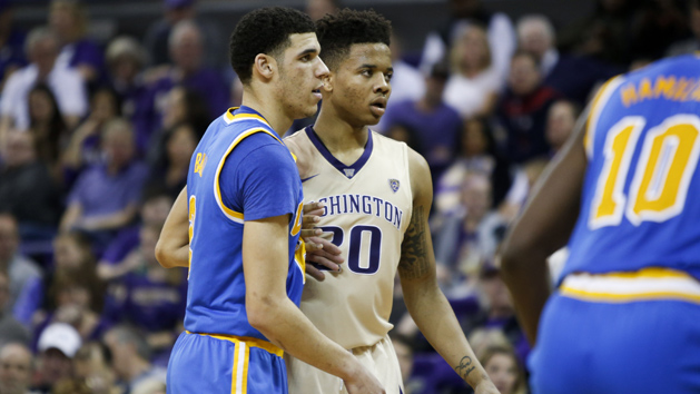 Feb 4, 2017; Seattle, WA, USA; UCLA Bruins guard Lonzo Ball (2) and Washington Huskies guard Markelle Fultz (20) guard each other during the second half at Alaska Airlines Arena at Hec Edmundson Pavilion. UCLA won 107-66. Photo Credit: Jennifer Buchanan-USA TODAY Sports