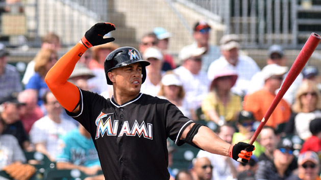 Mar 4, 2016; Jupiter, FL, USA; Miami Marlins right fielder Giancarlo Stanton (27) stands in during an at bat against the Washington Nationals during a spring training game at Roger Dean Stadium. Mandatory Credit: Steve Mitchell-USA TODAY Sports