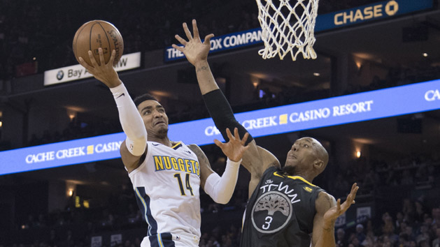 December 23, 2017; Oakland, CA, USA; Denver Nuggets guard Gary Harris (14) shoots the basketball against Golden State Warriors forward David West (3) during the second quarter at Oracle Arena. Photo Credit: Kyle Terada-USA TODAY Sports