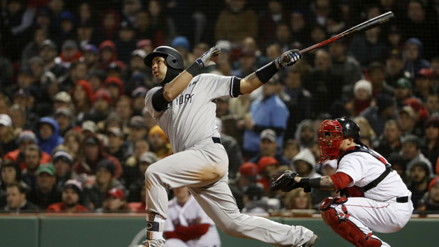 Apr 11, 2018; Boston, MA, USA; New York Yankees catcher Gary Sanchez (24) follows through on his second two-run home run of the game during the fourth inning against the Boston Red Sox at Fenway Park. Photo Credit: Winslow Townson-USA TODAY Sports