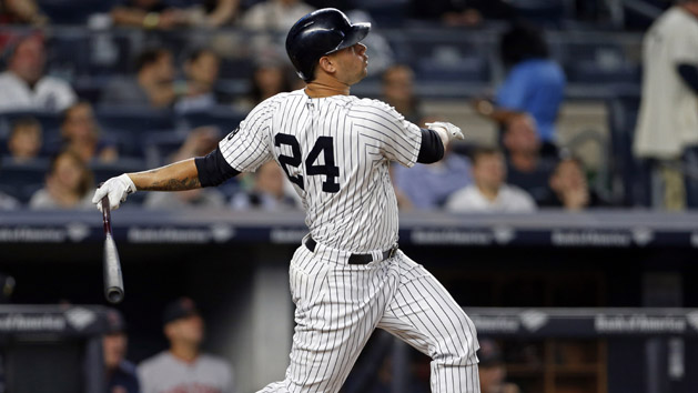 Sep 27, 2016; Bronx, NY, USA; New York Yankees catcher Gary Sanchez (24) hits a two-run home run during the first inning against the Boston Red Sox at Yankee Stadium. Photo Credit: Adam Hunger-USA TODAY Sports