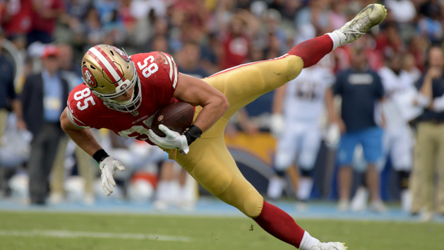 Sep 30, 2018; Carson, CA, USA; San Francisco 49ers tight end George Kittle (85) makes a catch against the Los Angeles Chargers during the first half at StubHub Center. Photo Credit: Kirby Lee-USA TODAY Sports
