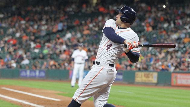 May 26, 2016; Houston, TX, USA; Houston Astros right fielder George Springer (4) hits his second home run against the Baltimore Orioles in the fifth inning at Minute Maid Park. Photo Credit: Thomas B. Shea-USA TODAY Sports