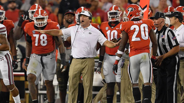 Sep 23, 2017; Athens, GA, USA; Georgia Bulldogs head coach Kirby Smart reacts to a play during the game against the Mississippi State Bulldogs during the first half at Sanford Stadium. Photo Credit: Dale Zanine-USA TODAY Sports