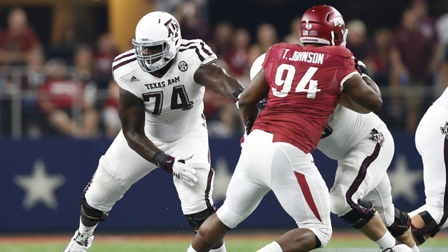Sep 26, 2015; Arlington, TX, USA; Texas A&M Aggies tackle Germain Ifedi (74) in action against the Arkansas Razorbacks at AT&T Stadium. Photo Credit: Matthew Emmons-USA TODAY Sports