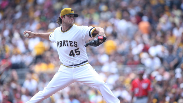 Jul 26, 2015; Pittsburgh, PA, USA; Pittsburgh Pirates starting pitcher Gerrit Cole (45) pitches against the Washington Nationals during the second inning at PNC Park. (Charles LeClaire-USA TODAY Sports)