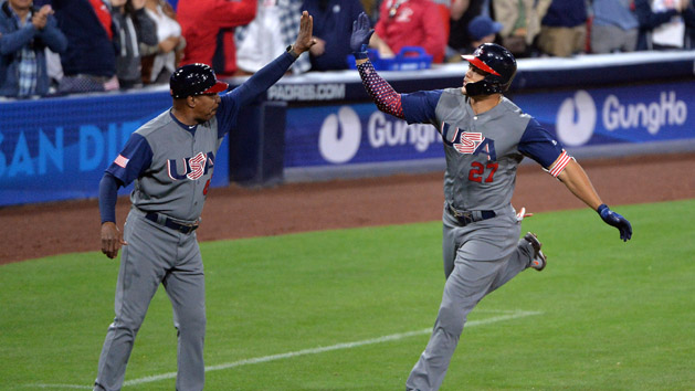 Mar 18, 2017; San Diego, CA, USA; United States outfielder Giancarlo Stanton (27) rounds the bases after hitting a two run home run during the fourth inning against the Dominican Republic during the 2017 World Baseball Classic at Petco Park. Photo Credit: Orlando Ramirez-USA TODAY Sports
