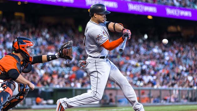 Jul 7, 2017; San Francisco, CA, USA; Miami Marlins right fielder Giancarlo Stanton (27) hits a two-run home run against the San Francisco Giants in the first inning at AT&T Park. Photo Credit: John Hefti-USA TODAY Sports