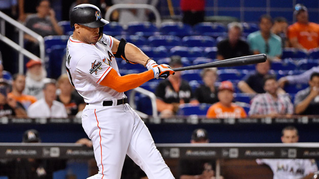 Jul 17, 2017; Miami, FL, USA; Miami Marlins right fielder Giancarlo Stanton (27) connects for a two run home run in the first inning against the Philadelphia Phillies at Marlins Park. Photo Credit: Jasen Vinlove-USA TODAY Sports