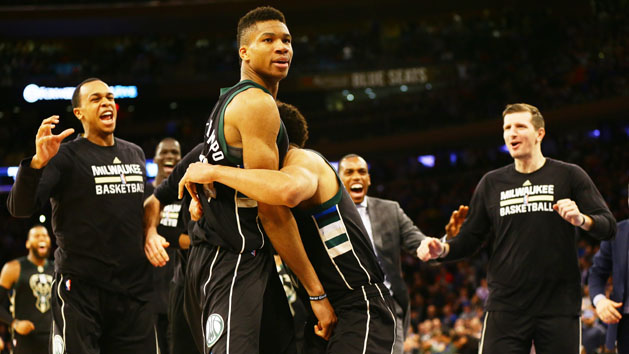Jan 4, 2017; New York, NY, USA; Milwaukee Bucks forward Giannis Antetokounmpo (34) is congratulated after scoring the game winning basket at the buzzer against New York Knicks during the second half at Madison Square Garden. The Bucks won 105-104. Photo Credit: Andy Marlin-USA TODAY Sports