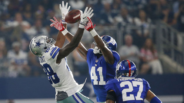 Sep 11, 2016; Arlington, TX, USA; New York Giants defenders D. Rodgers-Cromartie (41) and Darian Thompson (27) break up a pass intended for Dallas Cowboys wide receiver Dez Bryant (88) at AT&T Stadium. Photo Credit: Erich Schlegel-USA TODAY Sports