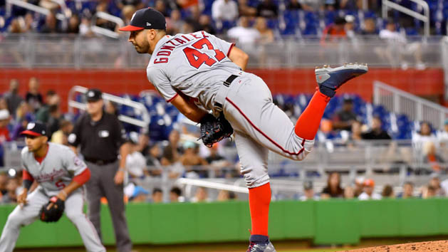 Jul 31, 2017; Miami, FL, USA; Washington Nationals starting pitcher Gio Gonzalez (47) delivers a pitch in the first inning against the Miami Marlins at Marlins Park. Photo Credit: Steve Mitchell-USA TODAY Sports