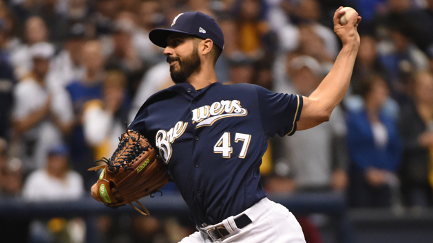 Oct 12, 2018; Milwaukee, WI, USA; Milwaukee Brewers starting pitcher Gio Gonzalez (47) delivers a pitch during the first inning against the Los Angeles Dodgers in game one of the 2018 NLCS playoff baseball series at Miller Park. Photo Credit: Benny Sieu-USA TODAY Sports