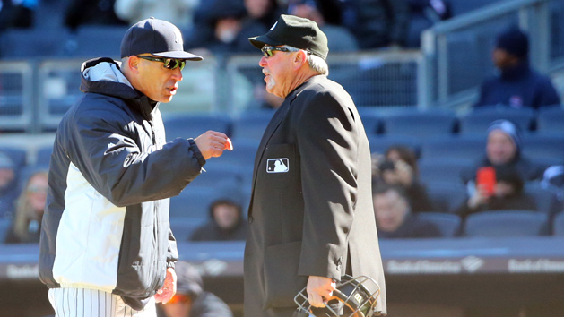 Apr 5, 2016; Bronx, NY, USA; New York Yankees manager Joe Girardi (28) argues a call with umpire Dana DeMuth (32) during the eighth inning against the Houston Astros at Yankee Stadium. Houston Astros won 5-3. Mandatory Credit: Anthony Gruppuso-USA TODAY Sports