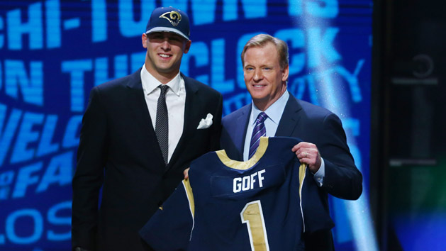 Apr 28, 2016; Chicago, IL, USA; Jared Goff (California) poses with NFL commissioner Roger Goodell after being selected by the Los Angeles Rams as the number one overall pick in the first round of the 2016 NFL Draft at Auditorium Theatre. Mandatory Credit: Jerry Lai-USA TODAY Sports