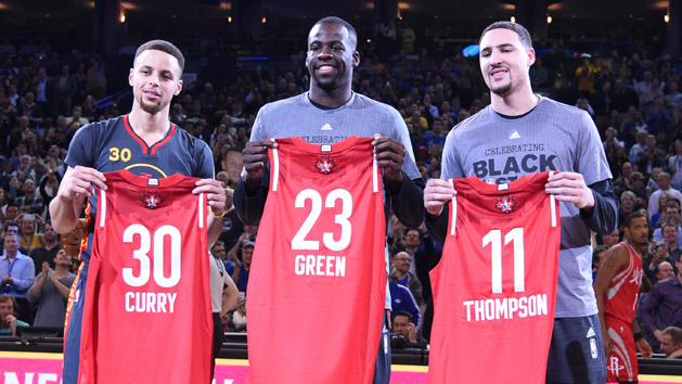 February 9, 2016; Oakland, CA, USA; Golden State Warriors guard Stephen Curry (30), forward Draymond Green (23), and guard Klay Thompson (11) hold their all star jerseys before the game against the Houston Rockets at Oracle Arena. Mandatory Credit: Kyle Terada-USA TODAY Sports