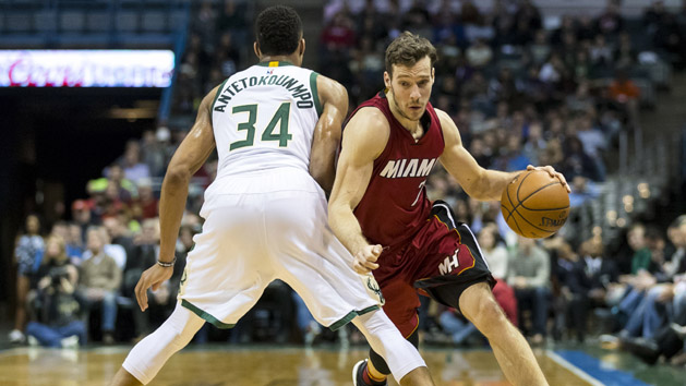 Feb 8, 2017; Milwaukee, WI, USA; Miami Heat guard Goran Dragic (7) drives for the basket around Milwaukee Bucks forward Giannis Antetokounmpo (34) during the second quarter at BMO Harris Bradley Center. Photo Credit: Jeff Hanisch-USA TODAY Sports