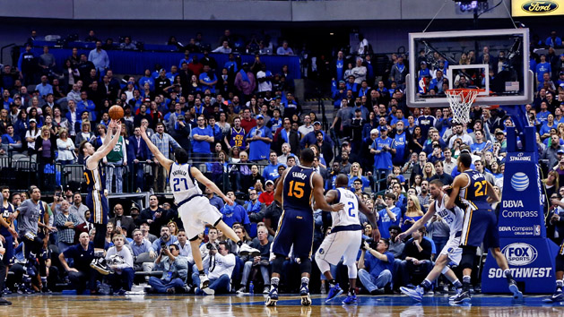 Feb 9, 2016; Dallas, TX, USA; Utah Jazz forward Gordon Hayward (20) hits the game winning shot in overtime to defeat the Dallas Mavericks at American Airlines Center. Mandatory Credit: Kevin Jairaj-USA TODAY Sports