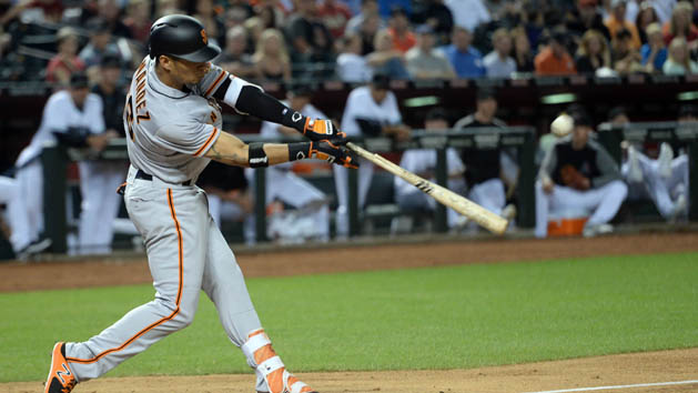 Apr 4, 2017; Phoenix, AZ, USA; San Francisco Giants center fielder Gorkys Hernandez (66) hits a two-RBI single against the Arizona Diamondbacks during the second inning at Chase Field. Photo Credit: Joe Camporeale-USA TODAY Sports