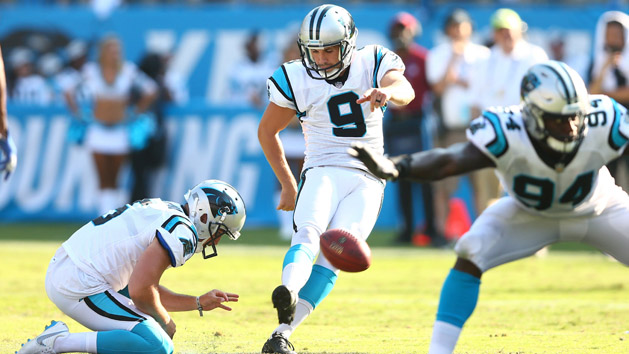 Oct 7, 2018; Charlotte, NC, USA; Carolina Panthers kicker Graham Gano (9) kicks the game winning field goal against the New York Giants at Bank of America Stadium. Photo Credit: Jeremy Brevard-USA TODAY Sports