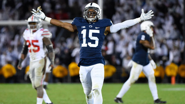Oct 22, 2016; University Park, PA, USA; Penn State Nittany Lions cornerback Grant Haley (15) reacts against the Ohio State Buckeyes during the fourth quarter at Beaver Stadium. Penn State defeated Ohio State 24-21. Photo Credit: Rich Barnes-USA TODAY Sports