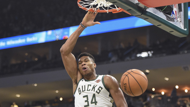 Oct 27, 2018; Milwaukee, WI, USA; Milwaukee Bucks forward Giannis Antetokounmpo (34) dunks in the second quarter during the game against the Orlando Magic at the Fiserv Forum. Photo Credit: Benny Sieu-USA TODAY Sports