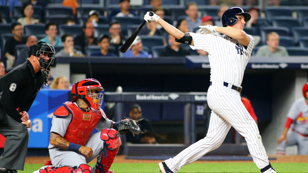 Apr 16, 2017; Bronx, NY, USA; New York Yankees first baseman Greg Bird (33) hits a two run home run against the St. Louis Cardinals during the second inning at Yankee Stadium. Photo Credit: Andy Marlin-USA TODAY Sports
