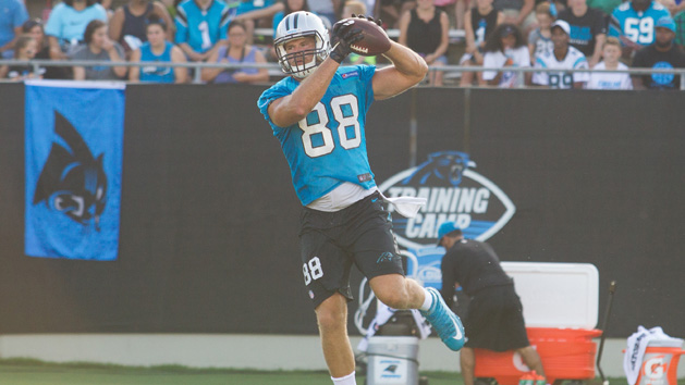 Jul 28, 2016; Spartanburg, SC, USA; Carolina Panthers tight end Greg Olsen (88) catches a pass during the training camp at Wofford College. Photo Credit: Jeremy Brevard-USA TODAY Sports
