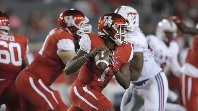 Oct 8, 2015; Houston, TX, USA; University of Houston Cougars quarterback Greg Ward Jr. (1) prepares to throw against the Southern Methodist University Mustangs in the first quarter at TDECU Stadium. Mandatory Credit: Erich Schlegel-USA TODAY Sports