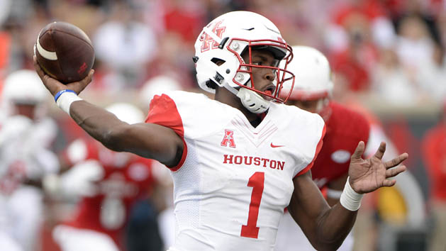Sep 12, 2015; Louisville, KY, USA; Houston Cougars quarterback Greg Ward Jr. (1) looks to pass the ball against the Louisville Cardinals during second half at Papa John's Cardinal Stadium. Houston defeated Louisville 34-31. Mandatory Credit: Jamie Rhodes-USA TODAY Sports