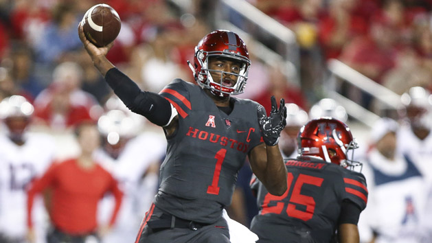Sep 29, 2016; Houston, TX, USA; Houston Cougars quarterback Greg Ward Jr. (1) attempts a pass during the first quarter against the Connecticut Huskies at TDECU Stadium. Photo Credit: Troy Taormina-USA TODAY Sports