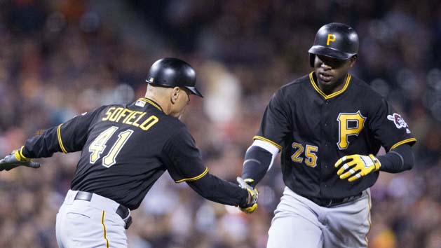 Aug 15, 2016; San Francisco, CA, USA; Pittsburgh Pirates right fielder Gregory Polanco (25) is congratulated by Pittsburgh Pirates third base coach Rick Sofield (41) after hitting a two run home run against the San Francisco Giants during the sixth inning at AT&T Park. Photo Credit: Neville E. Guard-USA TODAY Sports